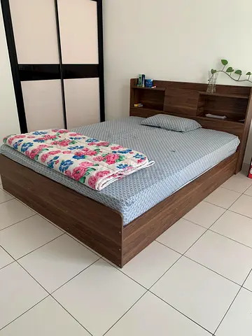 Wooden Queen Bed Frame with Headboard Storage - Good Condition