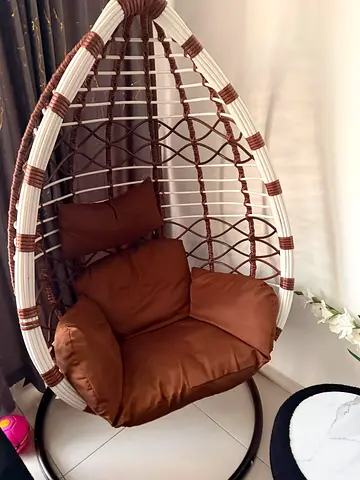 Rattan Egg Swing Chair with Cushions - Brown & White, Free-standing