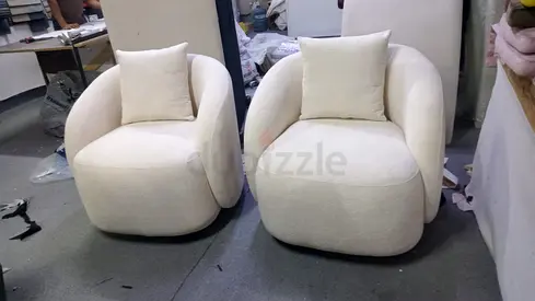 Pair of Cream Upholstered Swivel Lounge Chairs - Good Condition