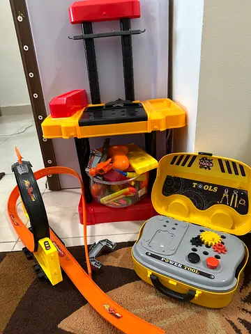 Kids Tool Bench and Toy Car Track Set - Good Condition