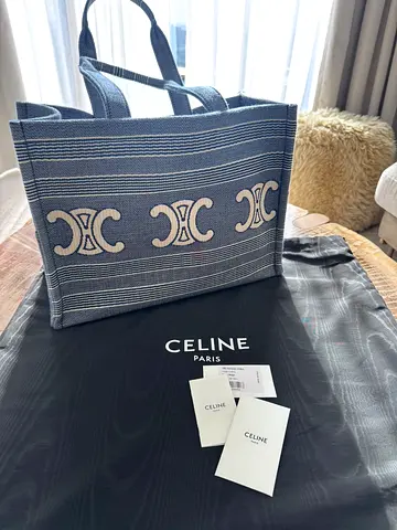 Authentic Celine Cabas Thais Large Striped Tote Womens Blue | Beach Bag