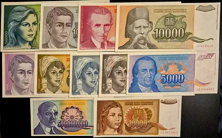 YUGOSLAVIA BANKNOTE SET 1985-1993