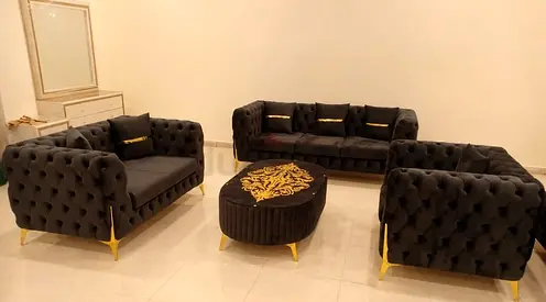 Brand New 7-Seater Velvet Chesterfield Sofa Set with Ottoman - Dark Grey & Gold