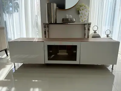 White and Ash wood TV cabinet with glass door - flawless condition