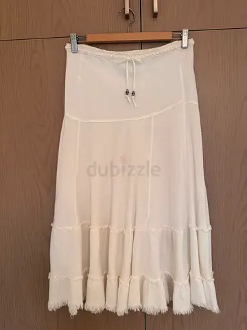 White Tiered Maxi Skirt with Frayed Hem Beach Style - size S