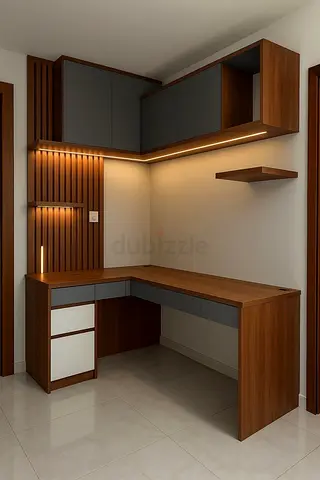L-shaped Wooden Home Office Desk with Overhead Cabinets and LED Lighting