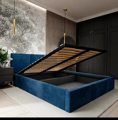 Blue Upholstered Ottoman Storage Bed - Queen Size