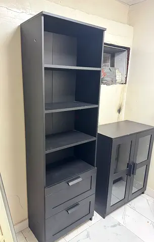 Bookshelf with 2 Drawers + Matching Glass Door Cabinet — Good Condition