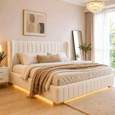 Luxurious Modern Design 200*200 Super King Size Bed Frame For Sale. Stylish Fabric Bed Set