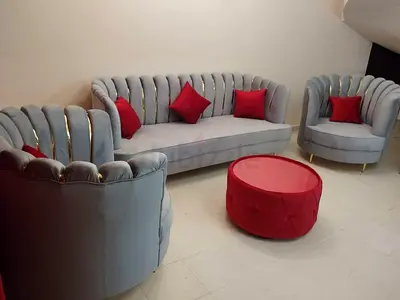 Light grey velvet 3-piece sofa set with red cushions