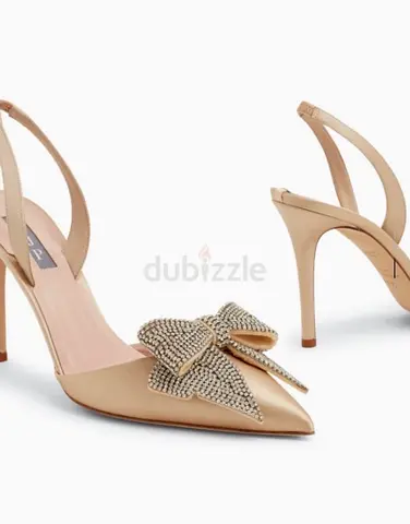 Beige slingback high heels with crystal bow embellishment - size available