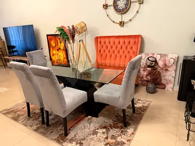 Glass Top Dining Table with 4 Upholstered Chairs and Accent Bench - Good Condition