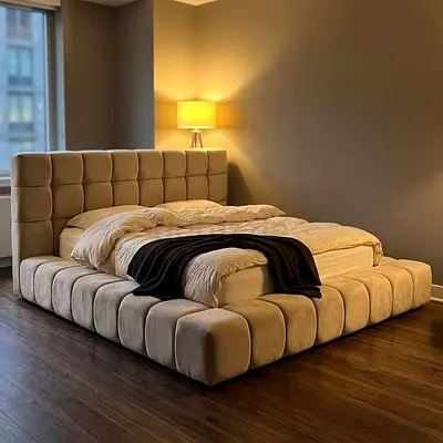 Modern Upholstered Bed with Tufted Headboard and Frame