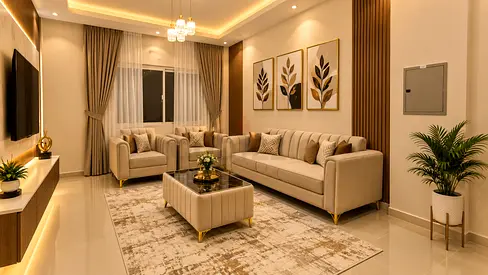Brand New Beige Modern 7 Seater Living Room Sofa Set with Ottoman