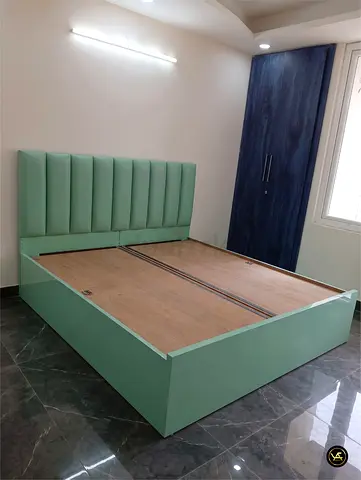 Mint green modern platform  bed with padded headboard
