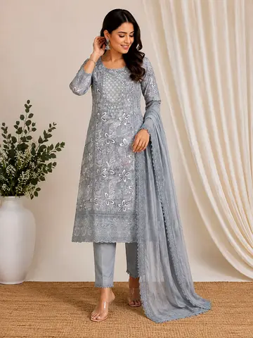 Four-piece women's embroidered salwar kameez set - pastel grey, peach, mint, lilac