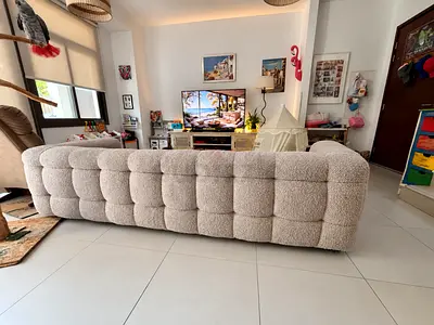 3-seater boucle fabric sofa in beige — ok condition, collect from town square length 230 cm