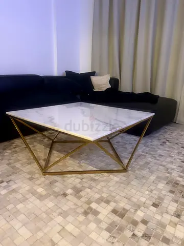 Marble Top Coffee Table with Gold Geometric Base