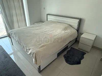 Double bed frame with headboard and storage - white/gray, good condition