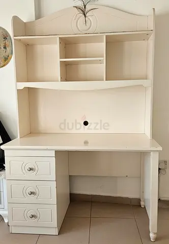 White Wooden Study Desk with Shelves and Drawers - Good Condition
