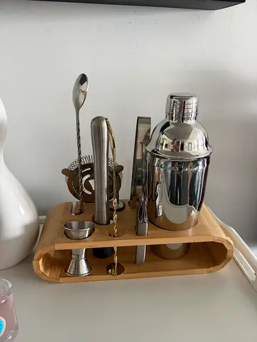 Stainless Steel Cocktail Shaker & Bar Tool Set with Wooden Stand