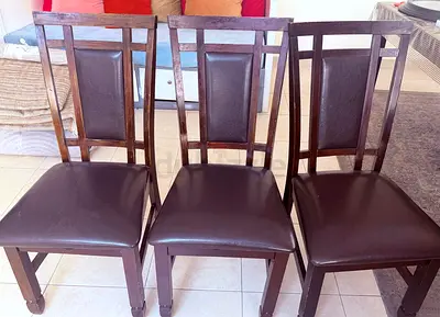 Set of 6 Wooden Dining Chairs with Brown Faux Leather Seats