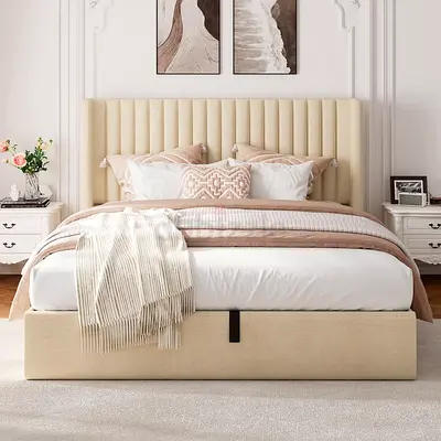Biege soft velvet wingback super king hydraulic bed