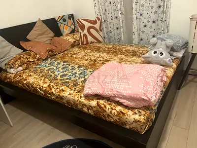 Double wooden bed frame with mattress (dark brown) - good condition