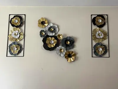 Set of 3 Metal Floral Wall Decorations - Gold, Silver, Black