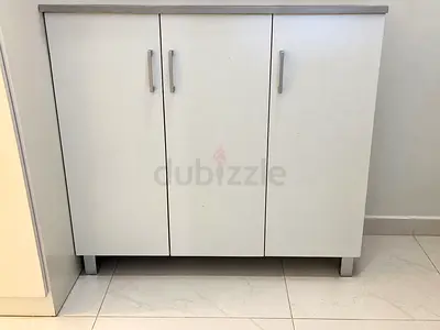 White 3-Door Storage Cabinet with Silver Handles - Good Condition