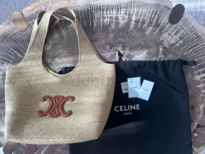 AUTHENTIC CELINE CLASSIC PANIER SHOPPER CABAS IN RAFFIA AND CALFSKIN | BEACH BAG