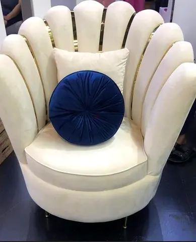 Cream Velvet Shell Accent Armchair with Blue Round Cushion
