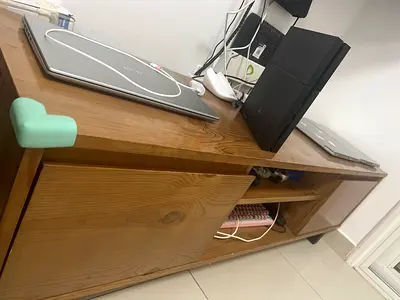 Solid wood TV console with storage cabinet with sliding doors - good condition
