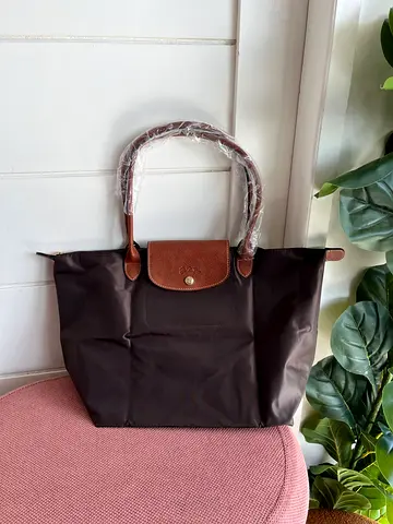 Longchamp Le Pliage Medium Brown Nylon Tote with Leather Trim