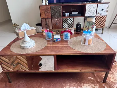 Solid Wood Coffee Table with Decorative Drawers and Metal Legs