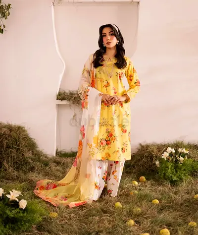 Batik 3 piece Yellow Floral Printed Women's Lawn Suit with Dupatta large size farshi shalwar