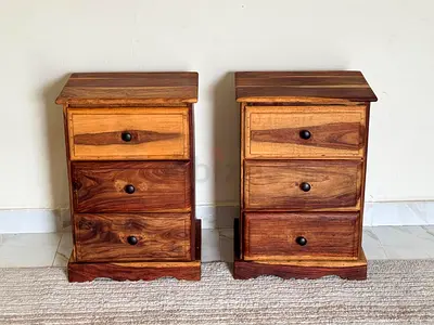 Pair of Solid Wood 3-Drawer Bedside Nightstands - Sheesham Finish
