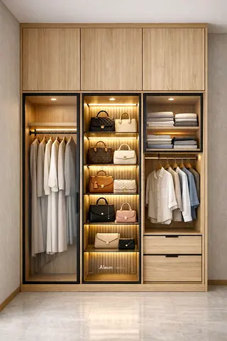Modern Oak Built-in Wardrobe with Glass Doors and LED Shelving