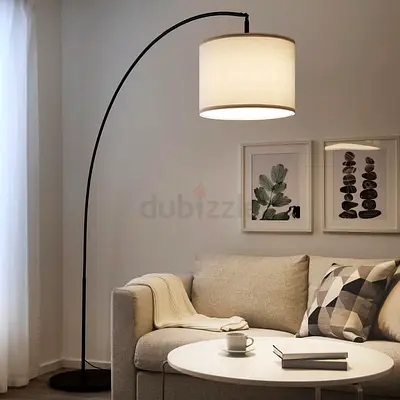 Minimal Black Arc Floor Lamp with Drum Shade — Good Condition