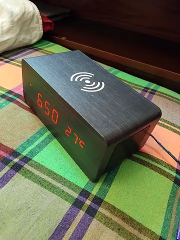 Wooden Digital Alarm Clock with Wireless Charging and Speaker
