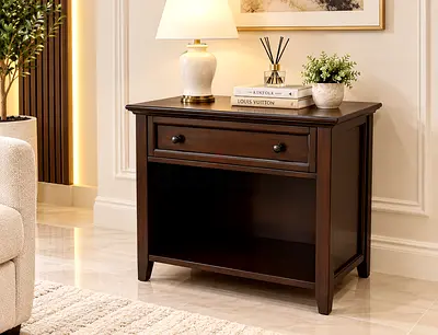 Pottery barn Dark Wood Nightstand with Drawer and Open Shelf
