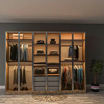 Large Modern Walk-in Style Wardrobe with Glass Doors and LED Lighting