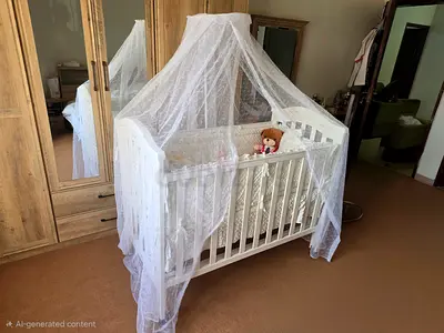 White Baby Crib with Canopy and Mattress - Good Condition