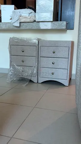 Upholstered Bedside Table — Linen with Glass Top
