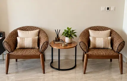 Pair of Modern Brown Upholstered Rattan Chairs (Table not included)