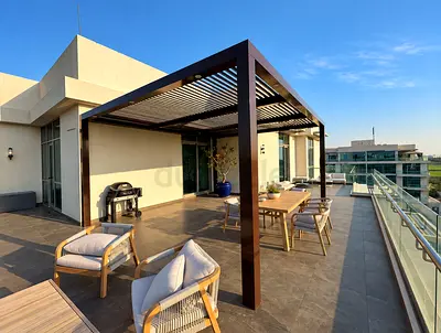 Modern Outdoor Pergola with Dining Set on Rooftop Terrace