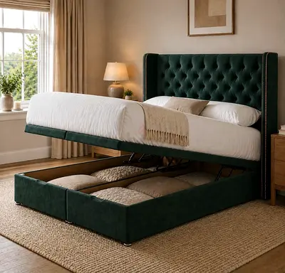 Upholstered Storage Bed with Lift-Up and optional Mattress - Emerald Green, Queen size