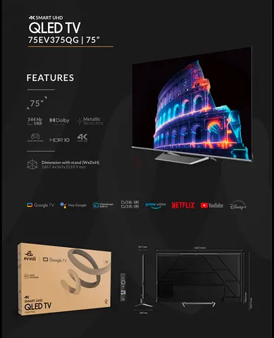 Evvoli 75" QLED 4K Smart TV (75EV375QG) - Excellent Condition