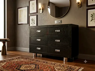 Black Croc-Texture 6-Drawer Dresser / Chest