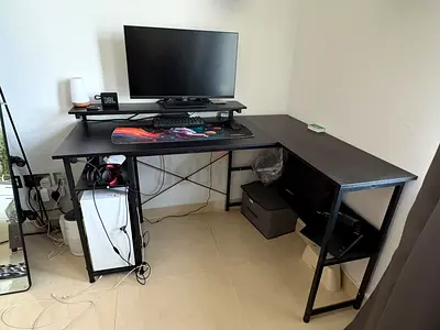 L-shaped black corner computer desk with shelves - sturdy, used